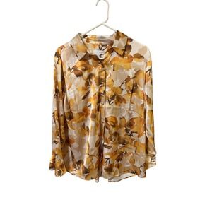 Susan Graver Size Medium Petite Liquid Satin Floral Blouse Mustard